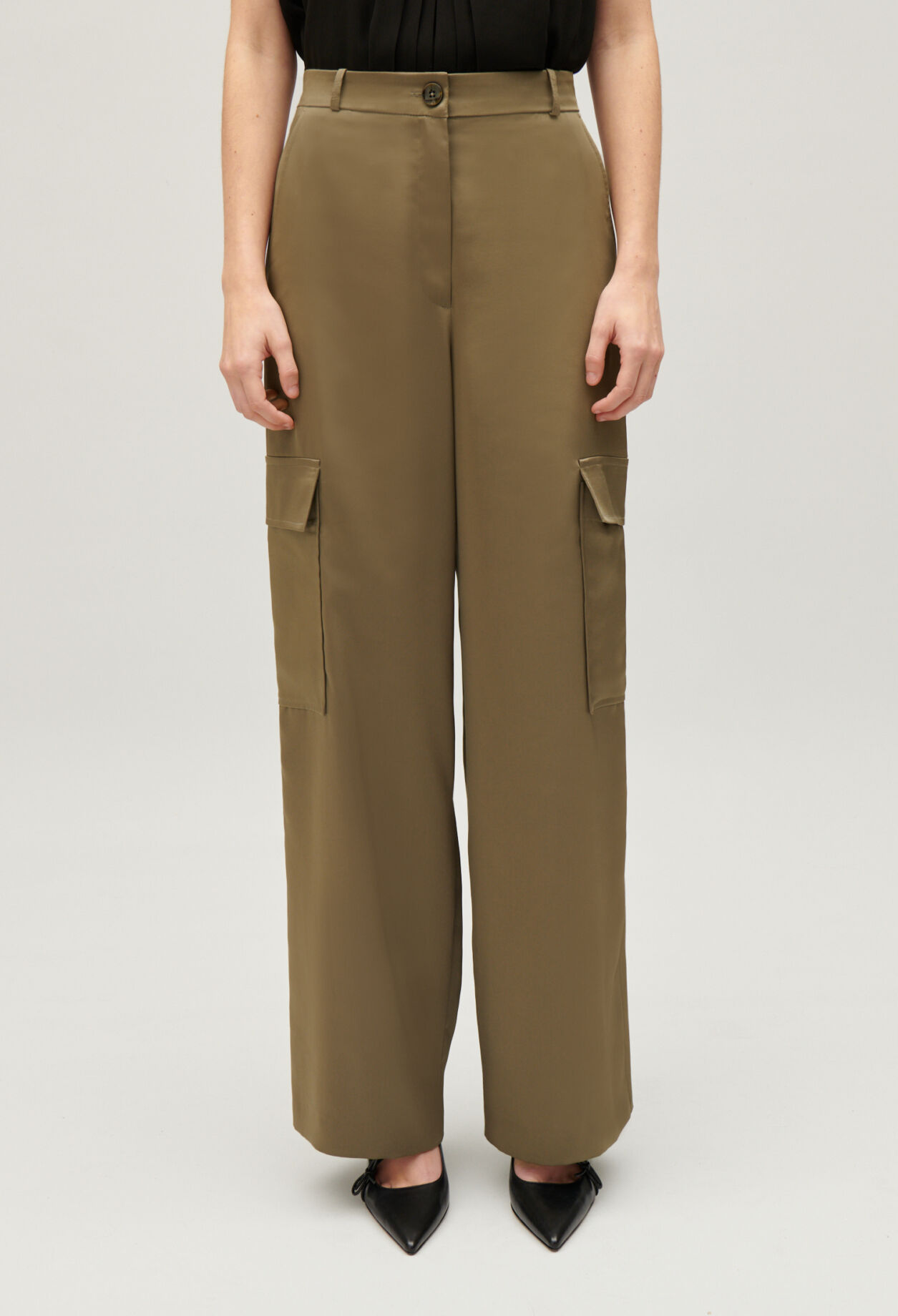 Khaki satin-effect floaty cargo trousers