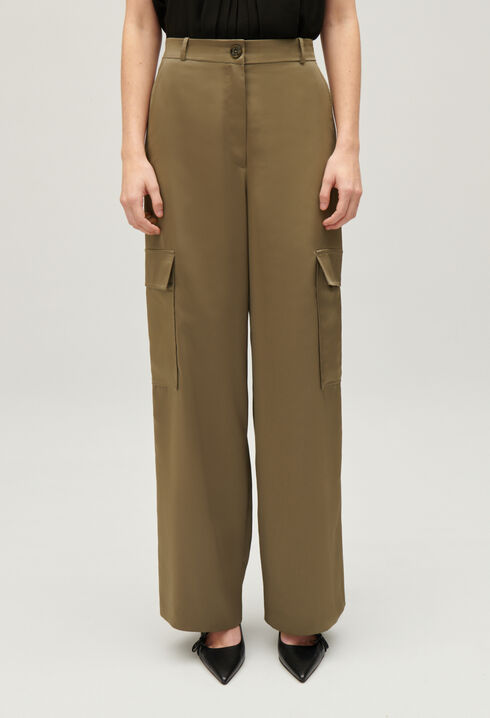 Khaki satin-effect floaty cargo trousers