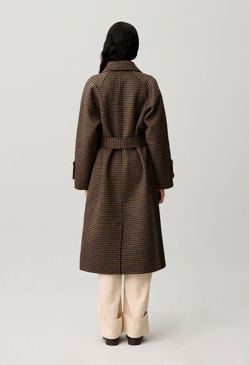 Mid-length checked belted coat
