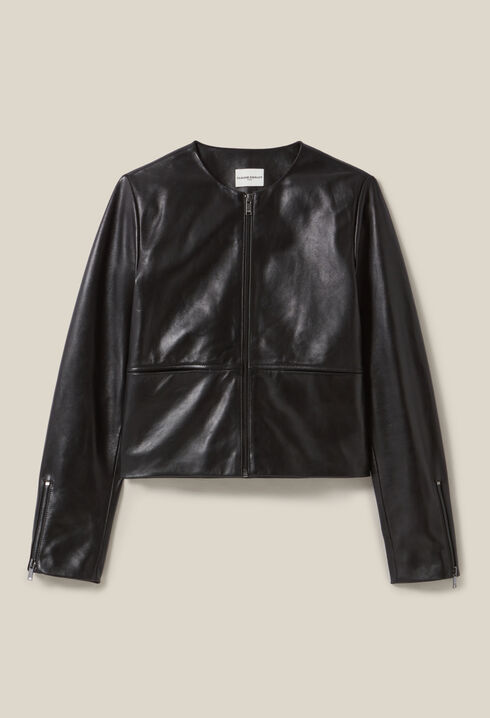 Short Round Neck Leather Jacket