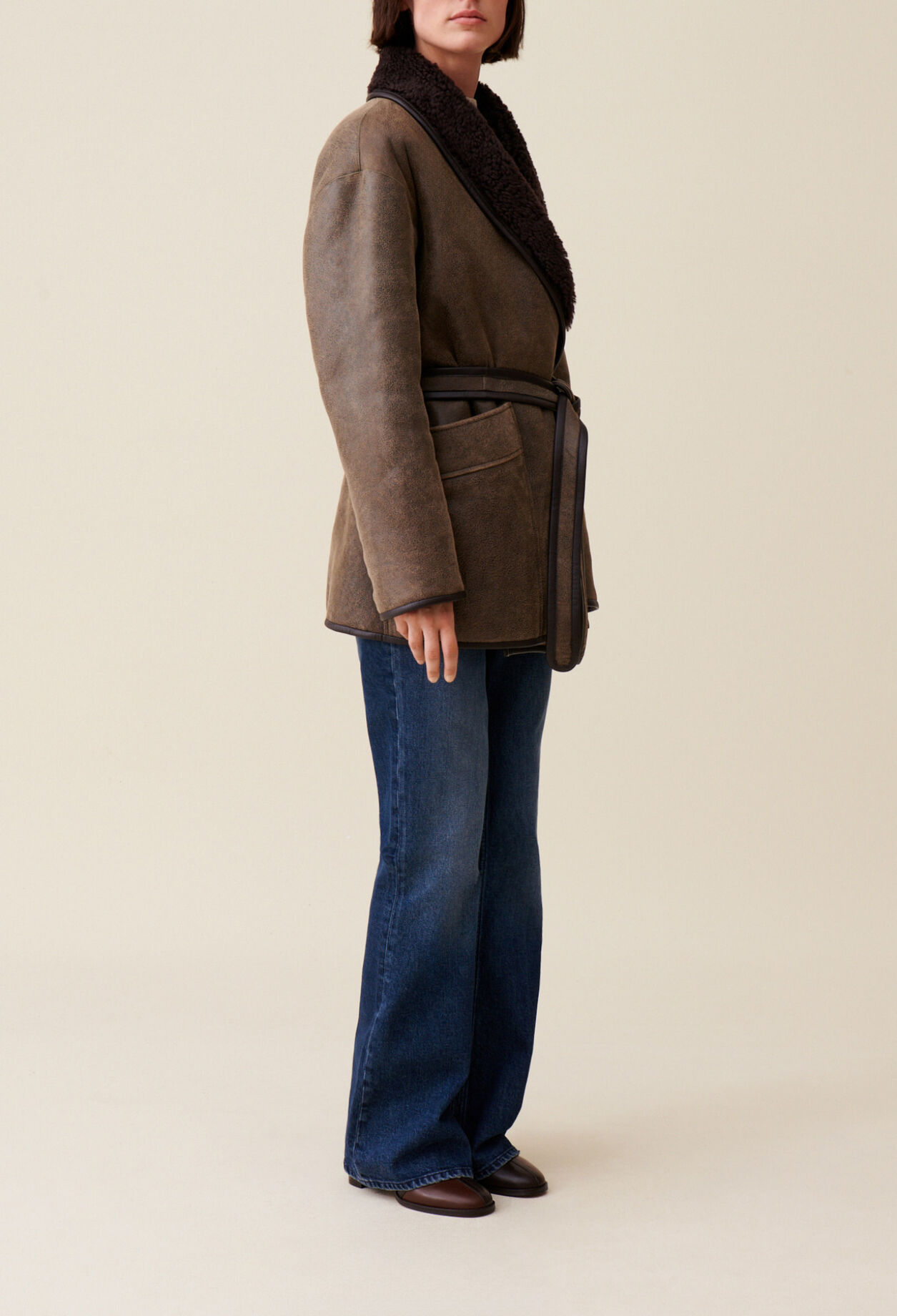 Taupe belted shearling jacket