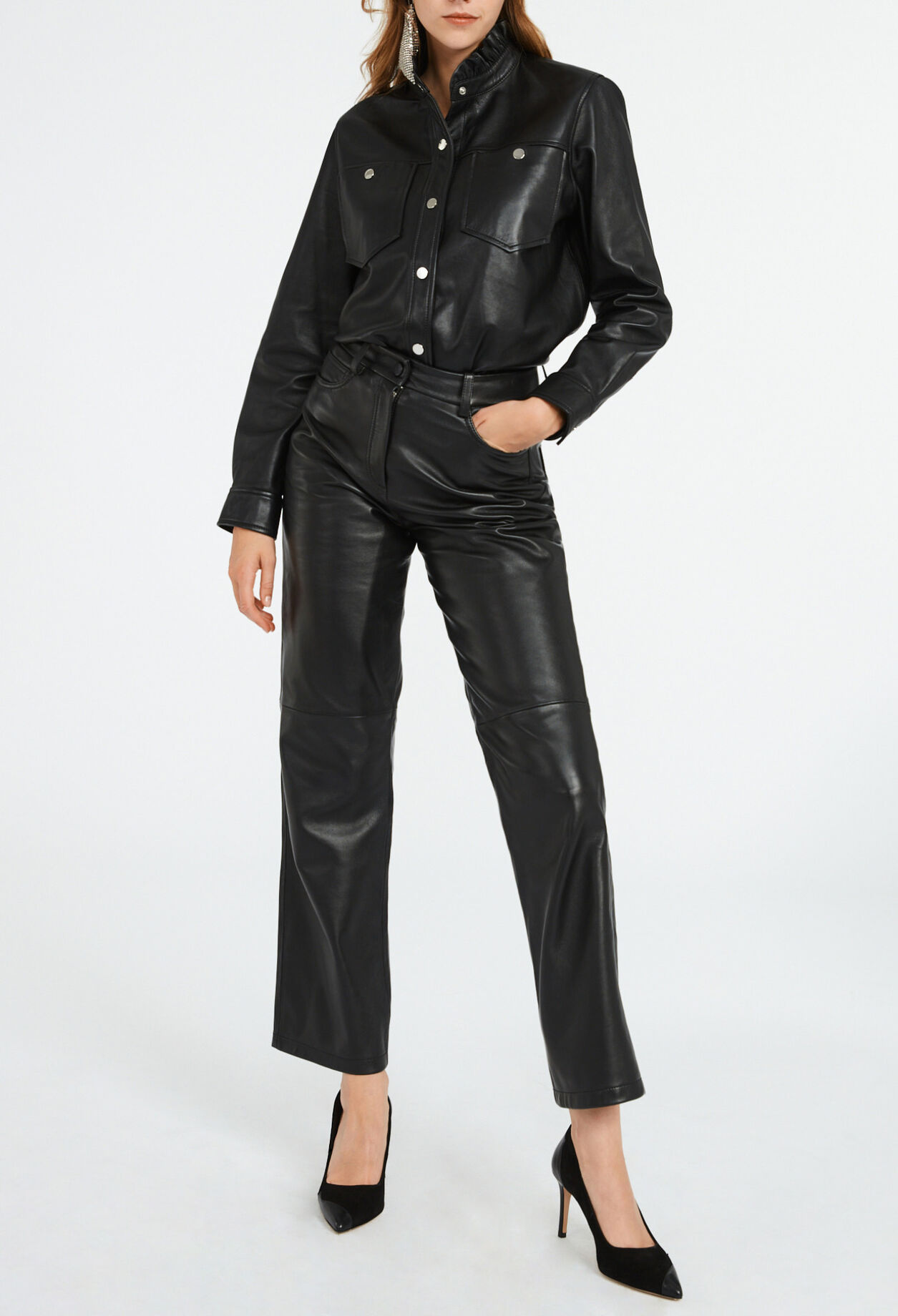 Leather shirt with ruffled collar