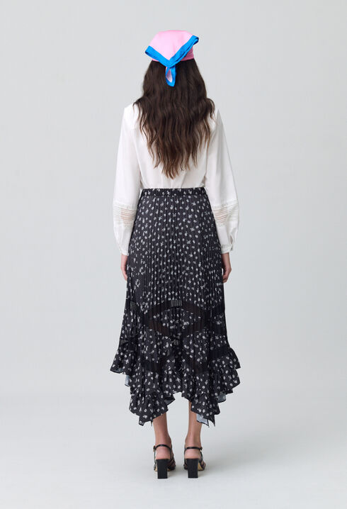 Asymmetric Floral Pleated Skirt