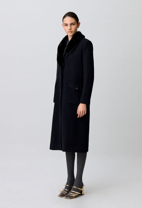 Long wool coat faux fur collar