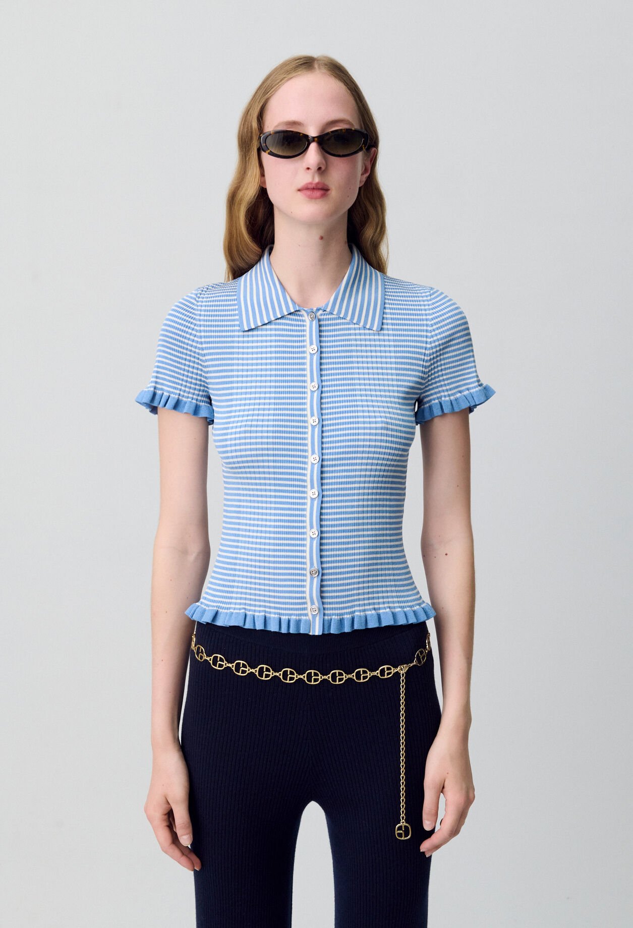 Buttoned striped polo top