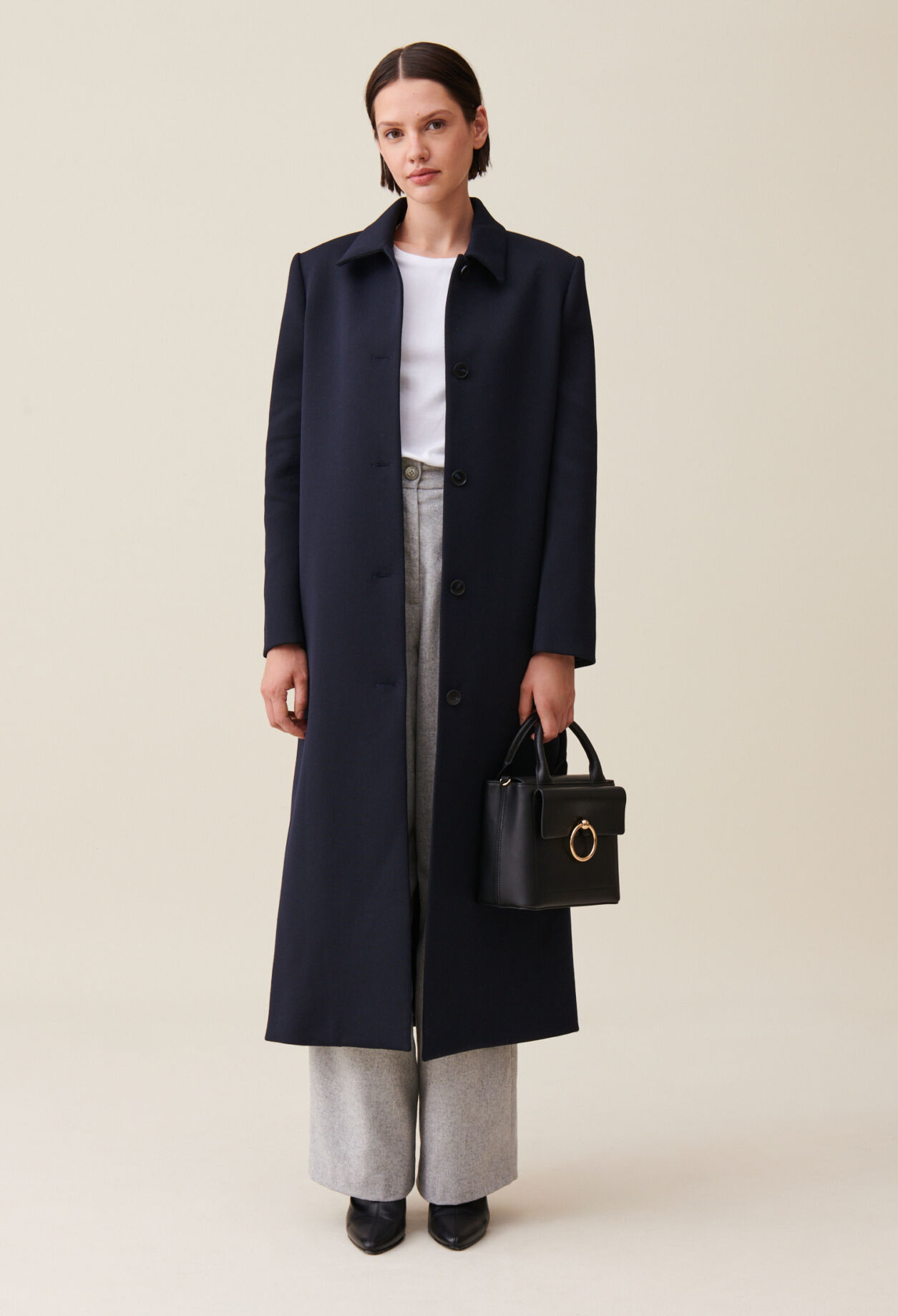 Long blue straight-cut coat