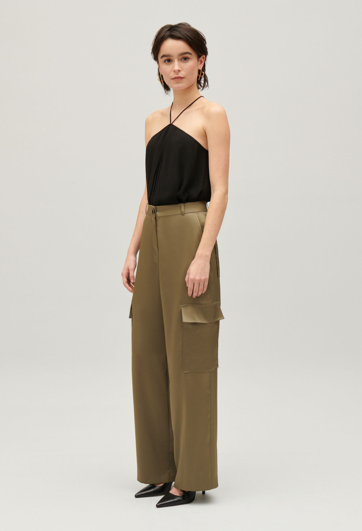Khaki satin-effect floaty cargo trousers