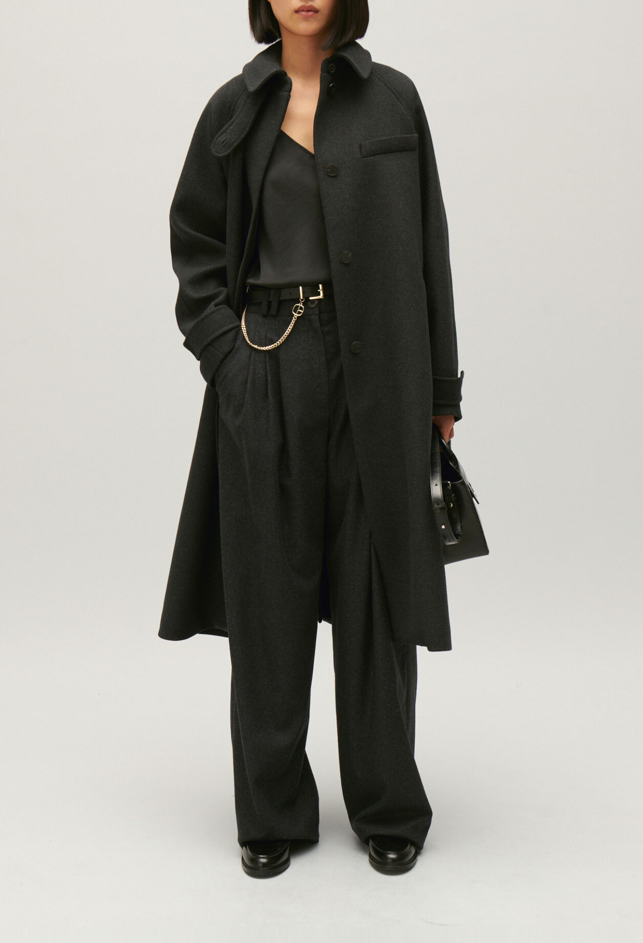 Flecked grey wool mid-length coat