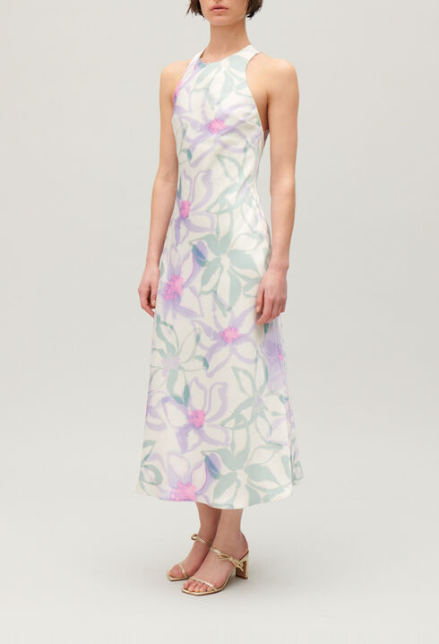 Long printed satin-effect dress