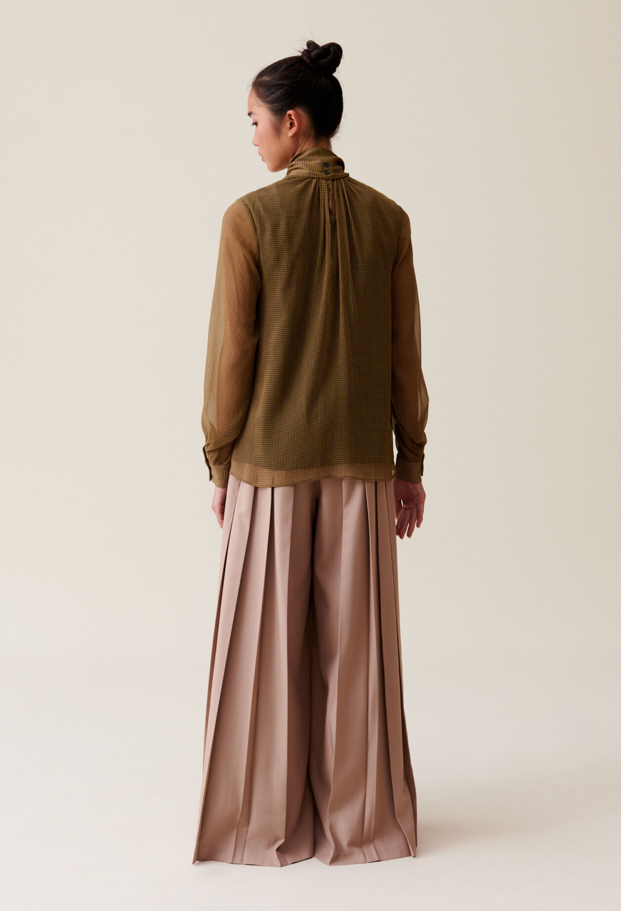 Fluid Check Tie-Neck Blouse