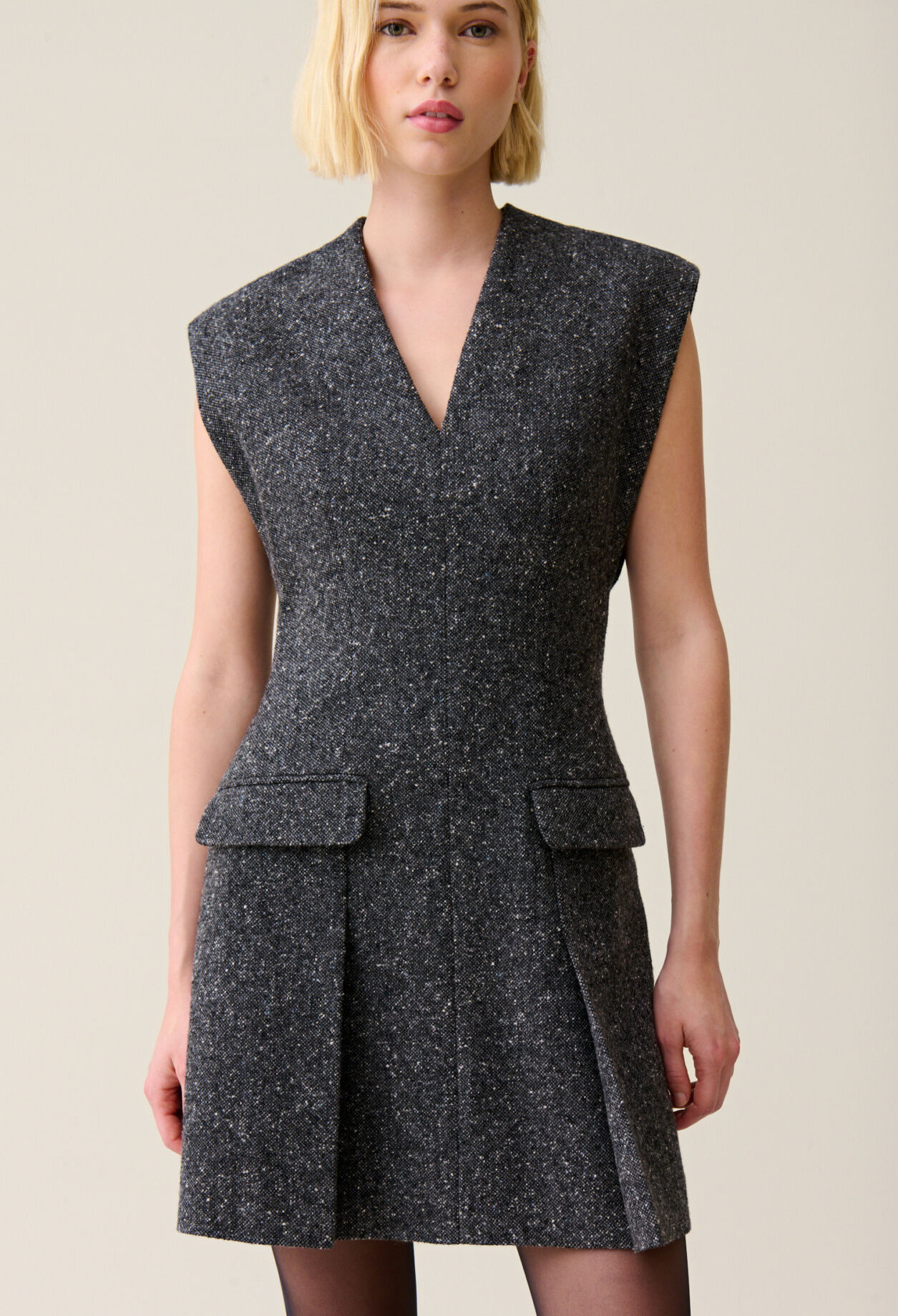 Grey fitted tweed suit dress