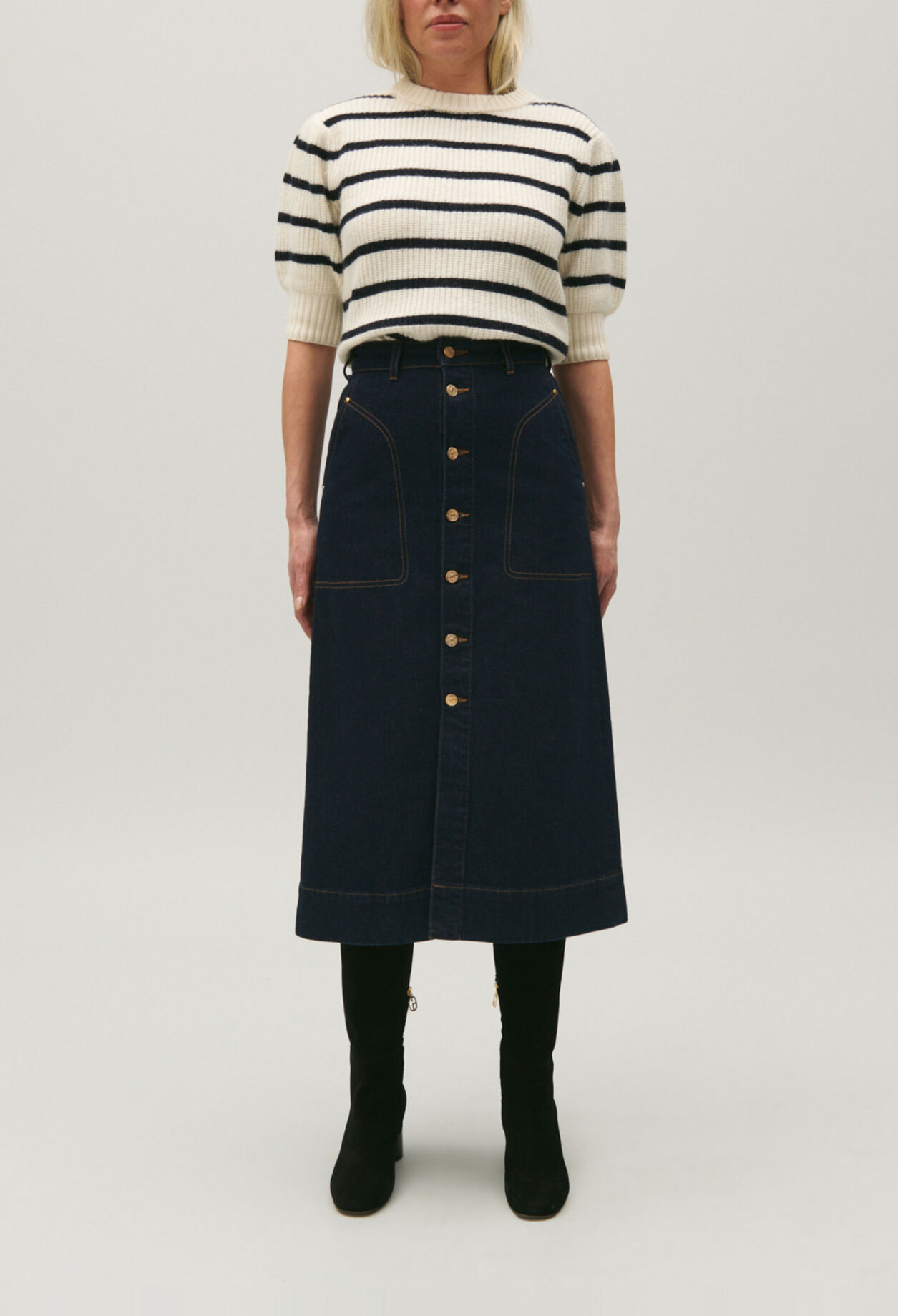 Blue denim midi skirt