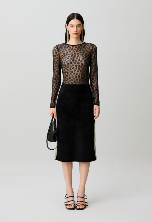 Straight velvet-effect knit skirt