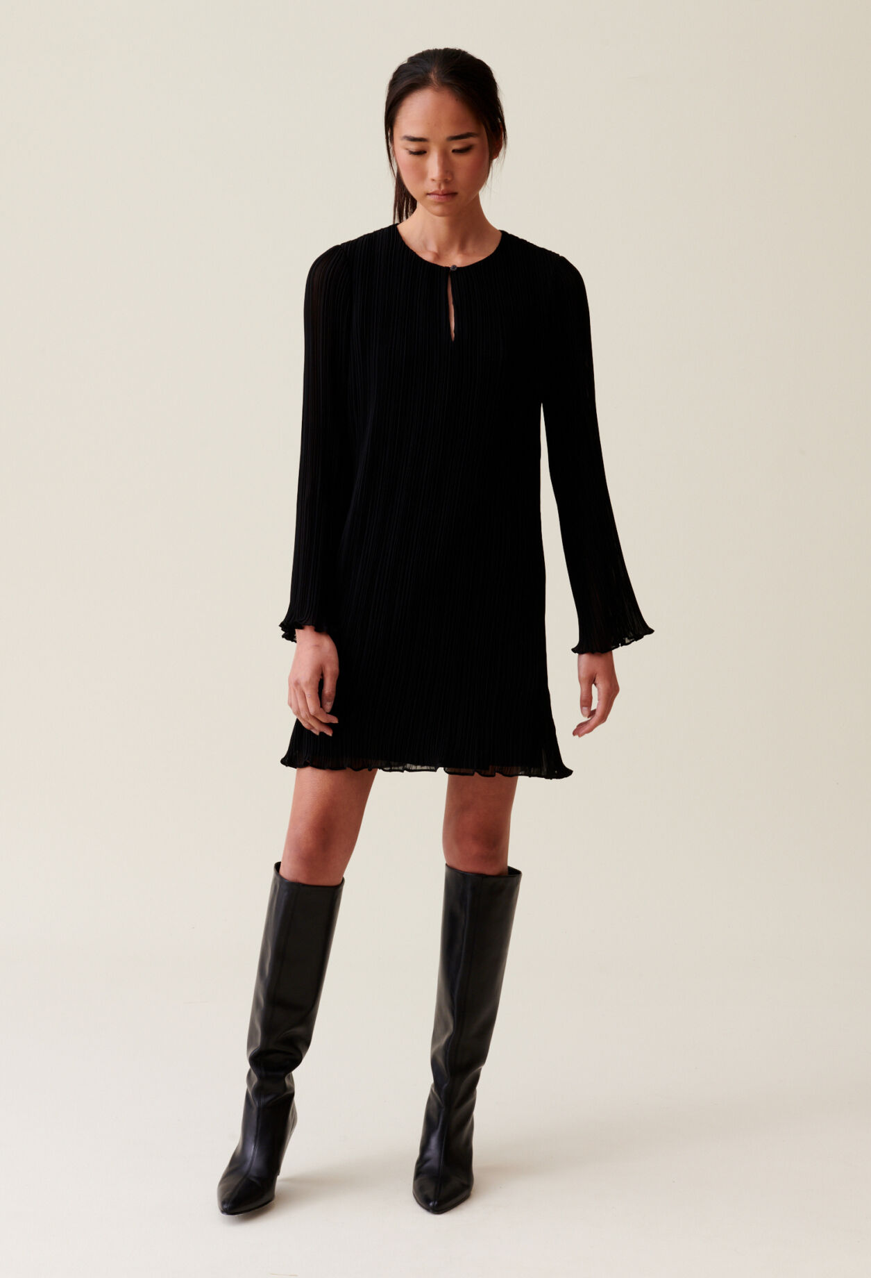 Pleated Short Dress, Long Sleeves