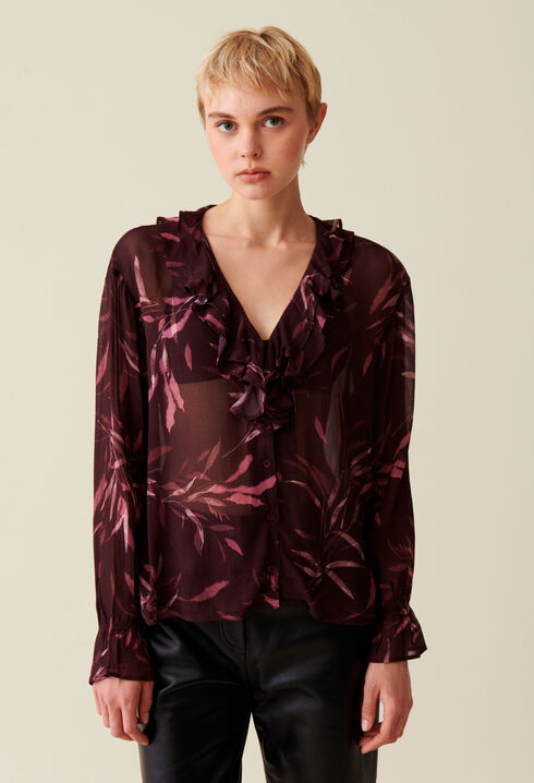 Printed long-sleeved flowing blouse