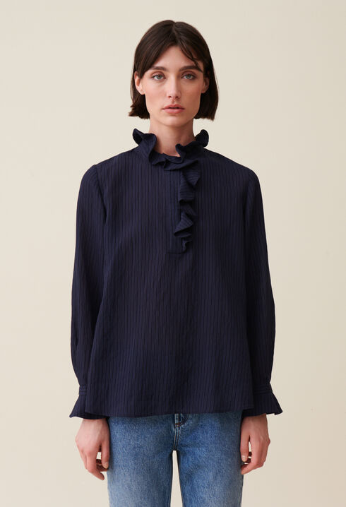 Dark blue striped ruffled blouse