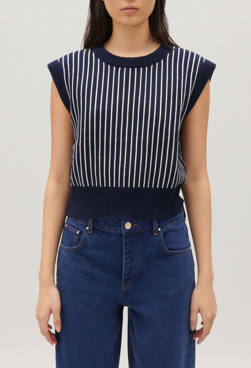 Sleeveless stripy knit jumper