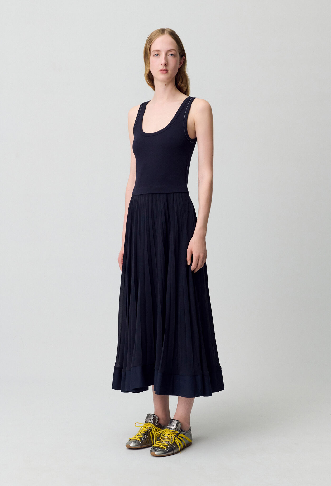 Navy blue long pleated dress