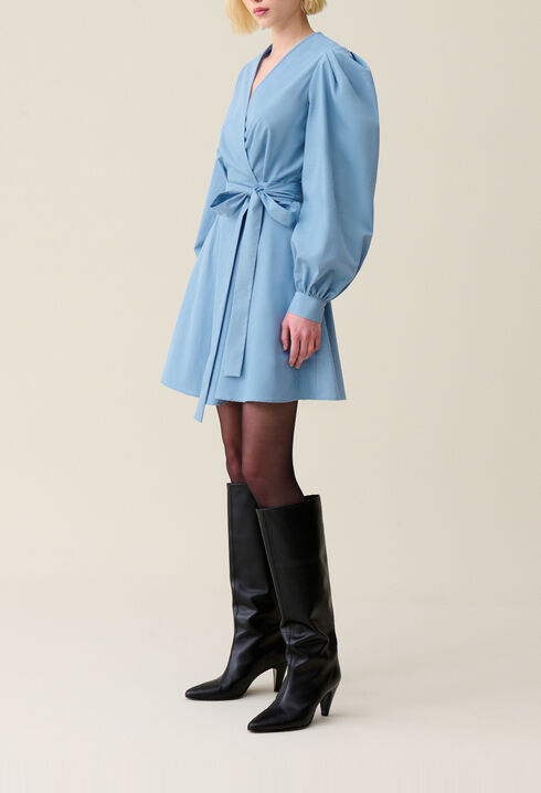 Blue short dress with puff sleeves