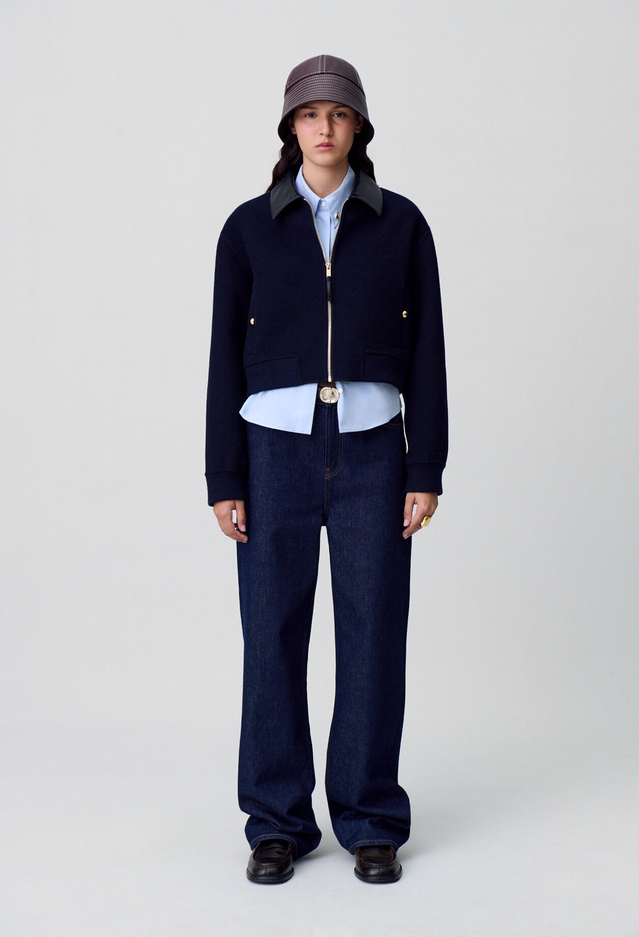 Wool Jacket Faux Leather Collar