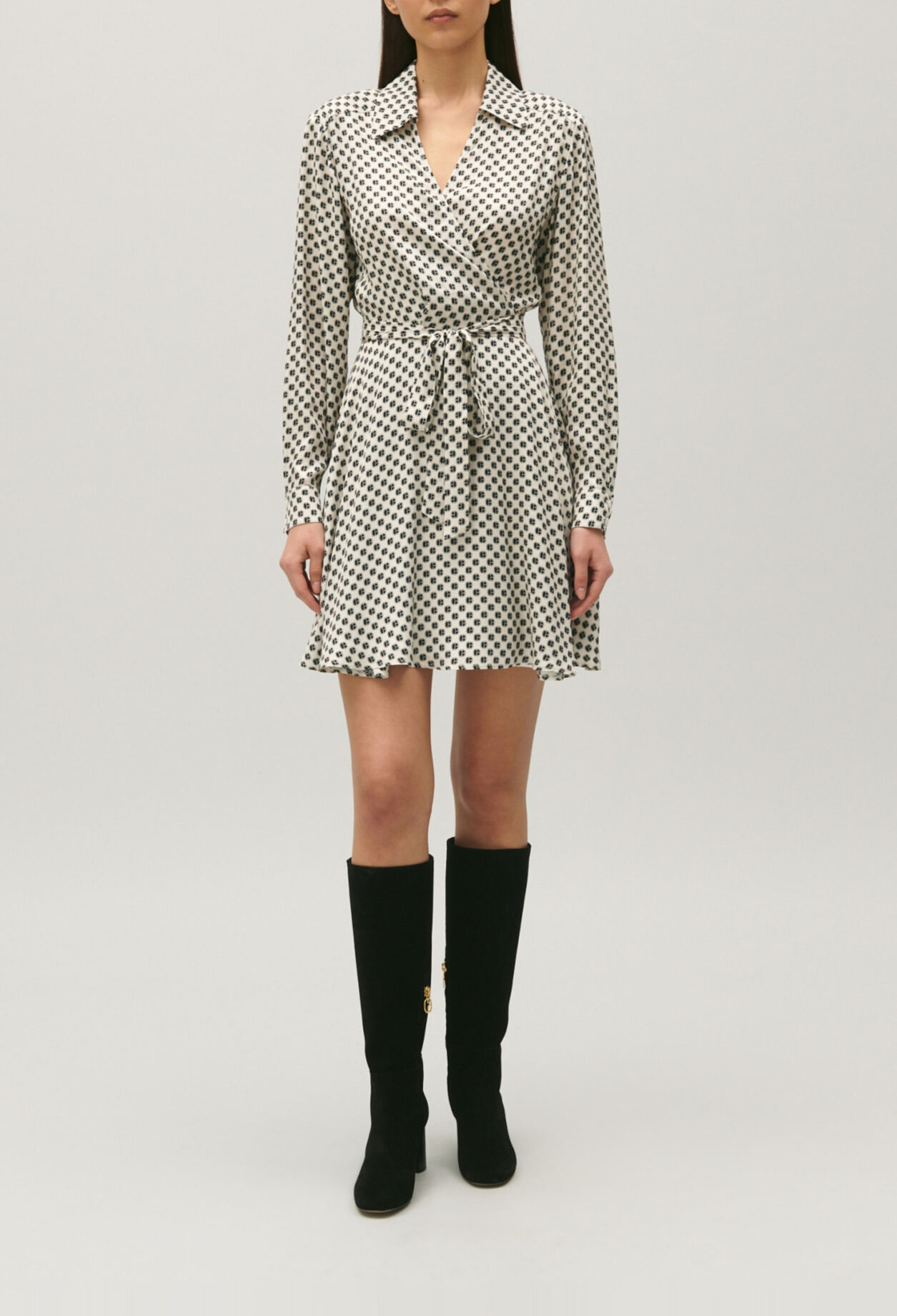 Black and white patterned wrap dress