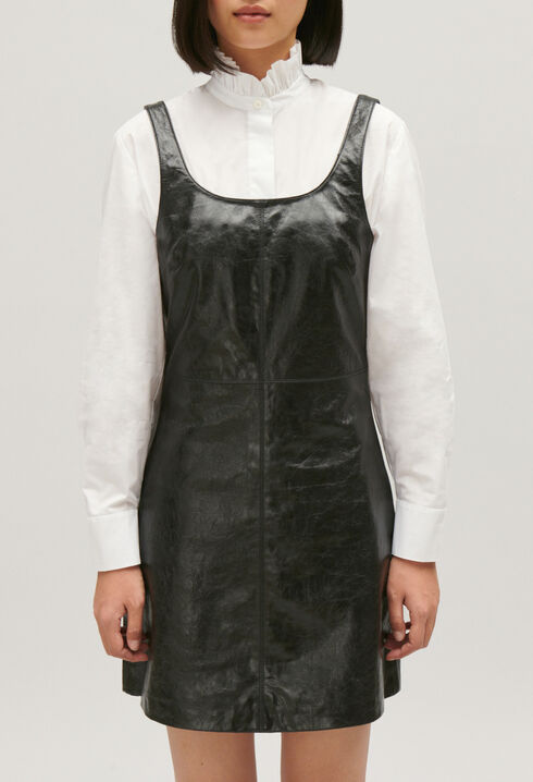 Short black leather tunic dress