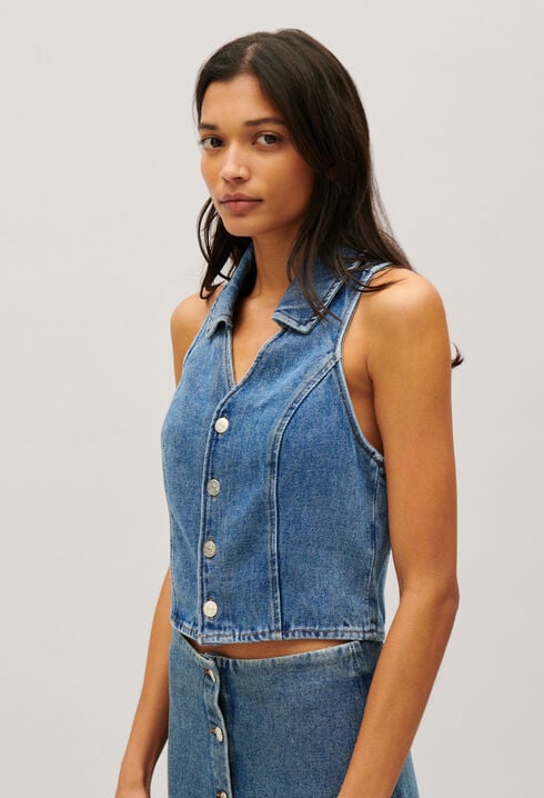 Blue denim sleeveless top
