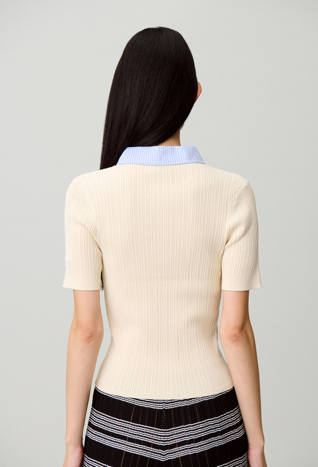 Striped bi-material cardigan