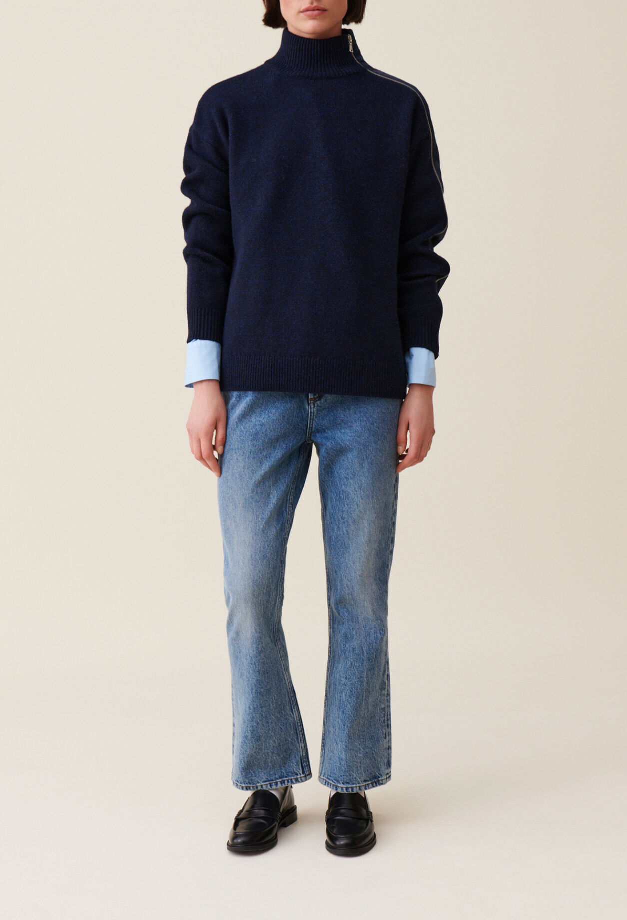 Navy zip-up turtleneck jumper