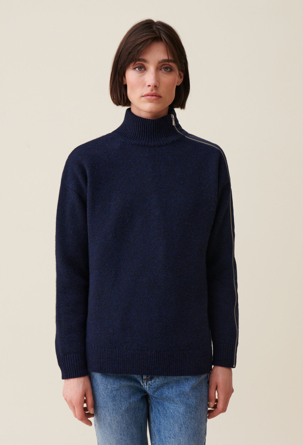 Navy zip-up turtleneck jumper
