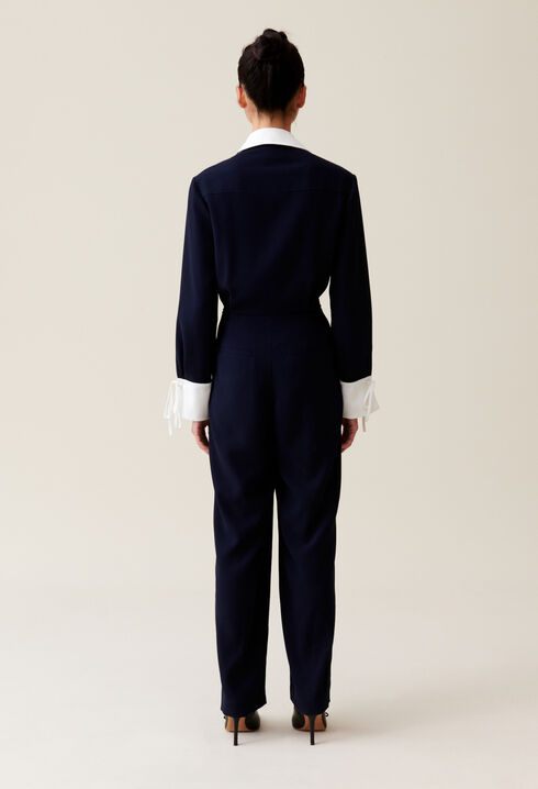 Navy dual-fabric jumpsuit