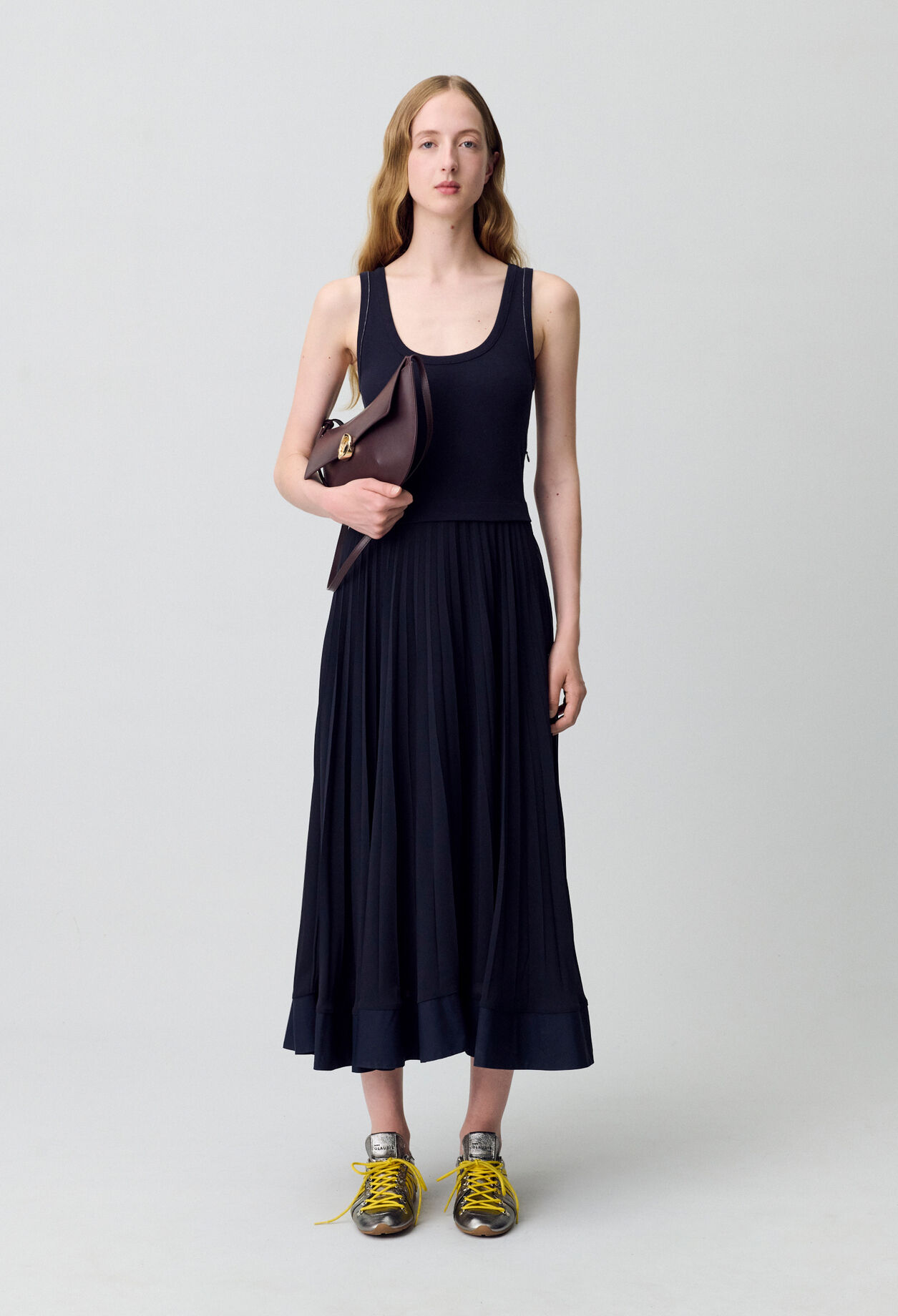 Navy blue long pleated dress