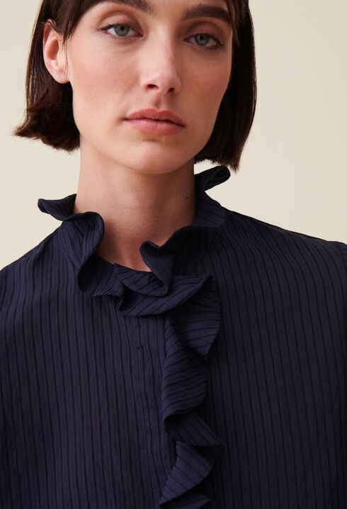 Dark blue striped ruffled blouse