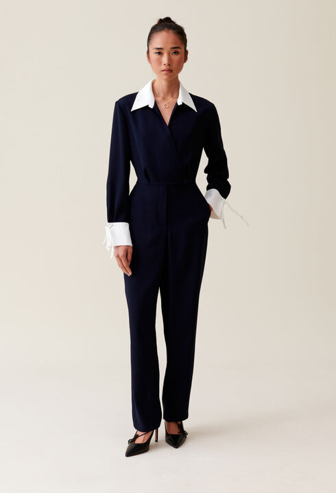 Navy dual-fabric jumpsuit