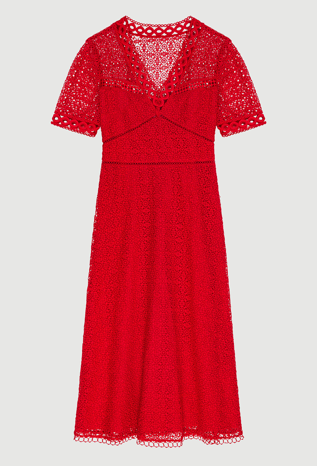 Long dress with red lace pattern Long dress with red lace pattern