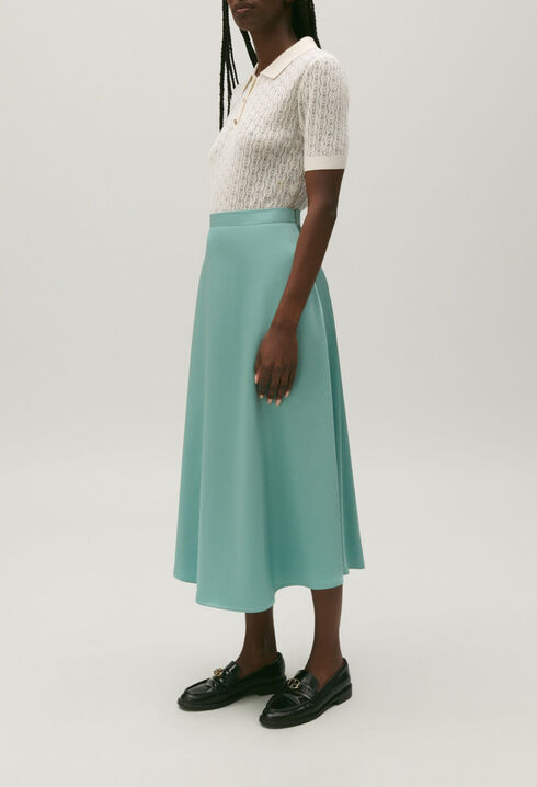 Flowing aqua satin midi skirt