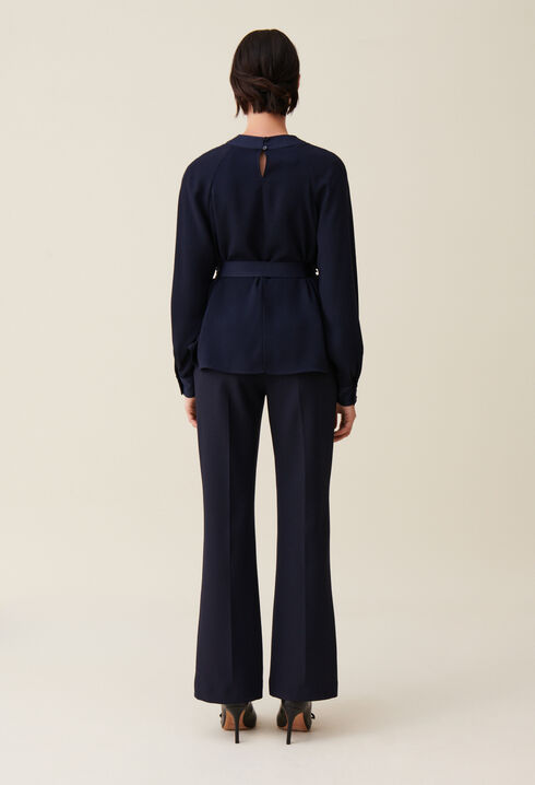 Navy belted flowy blouse