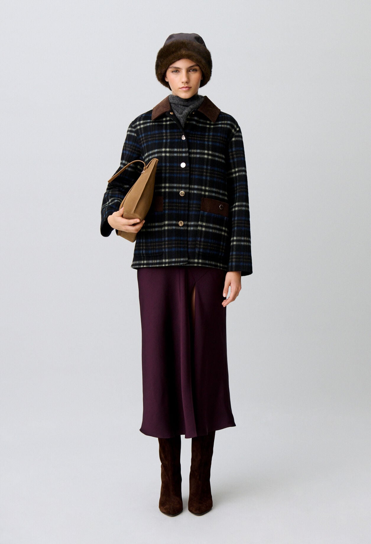 Checked wool blend coat