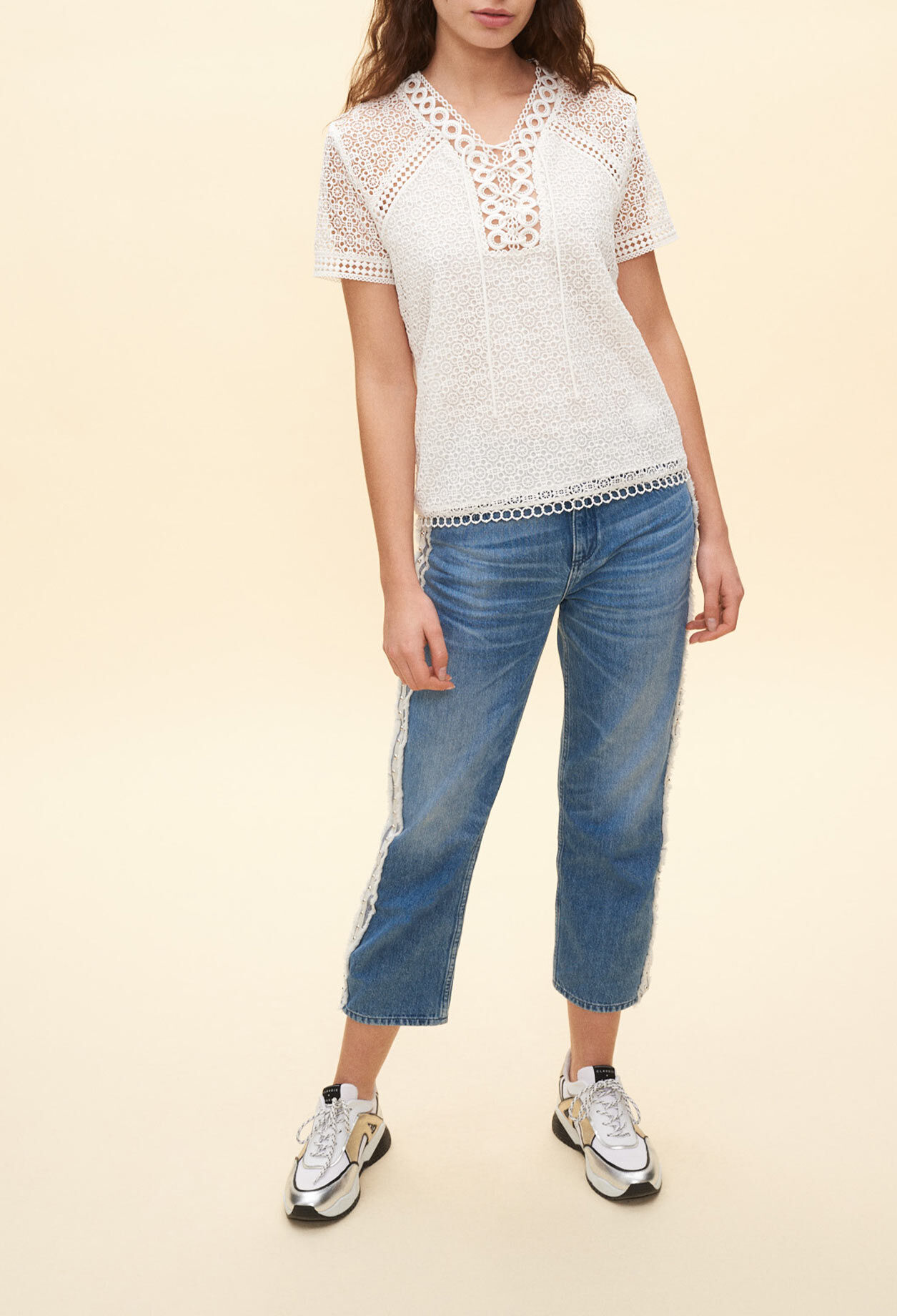 Shirt-sleeved lace pattern top