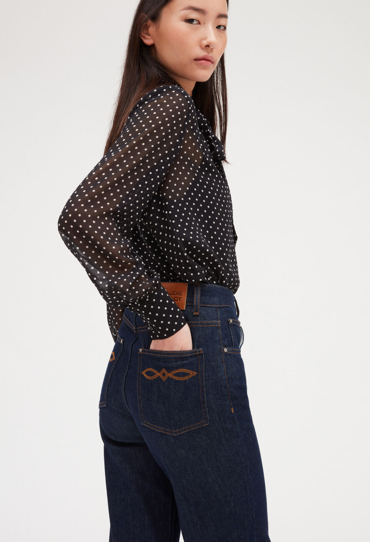 Wide leg raw denim jeans