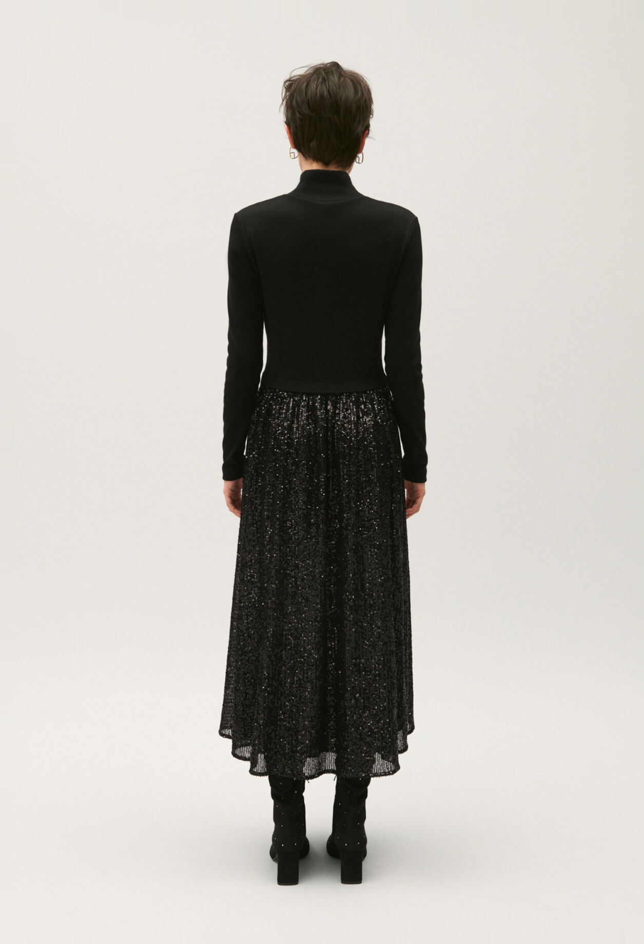Black dual-fabric dress with sequins