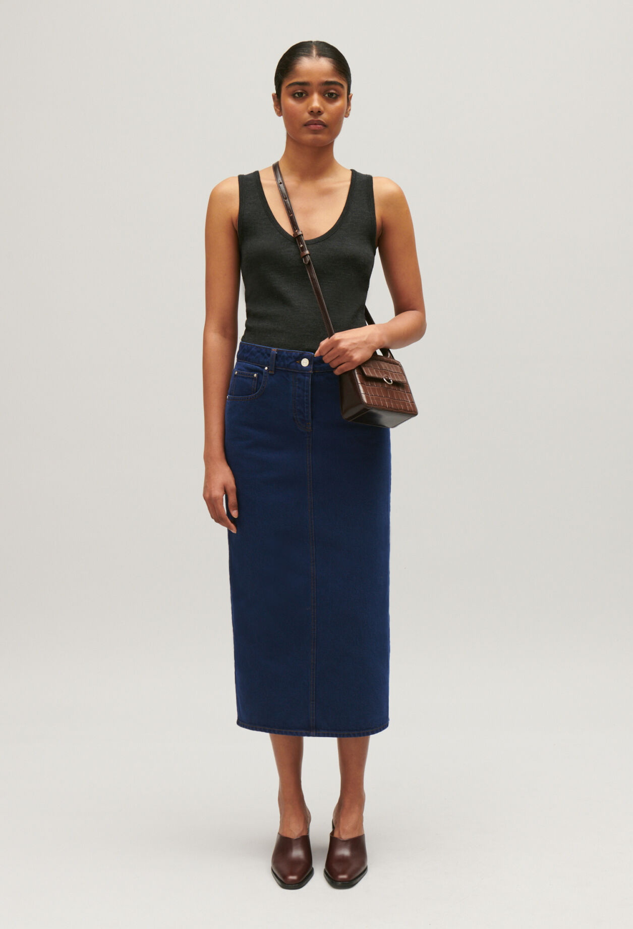 Blue denim midi skirt