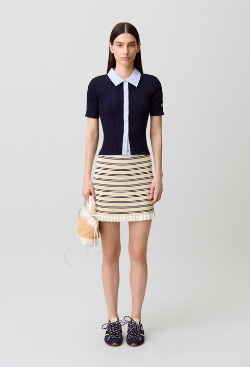 Striped bi-material cardigan