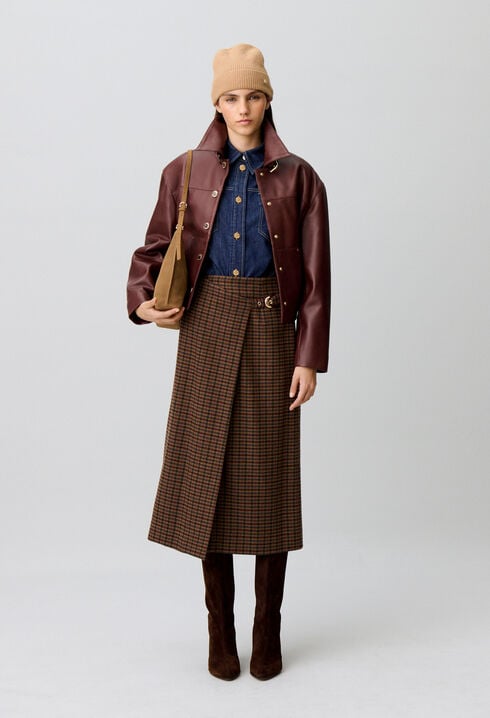Straight check wool blend skirt