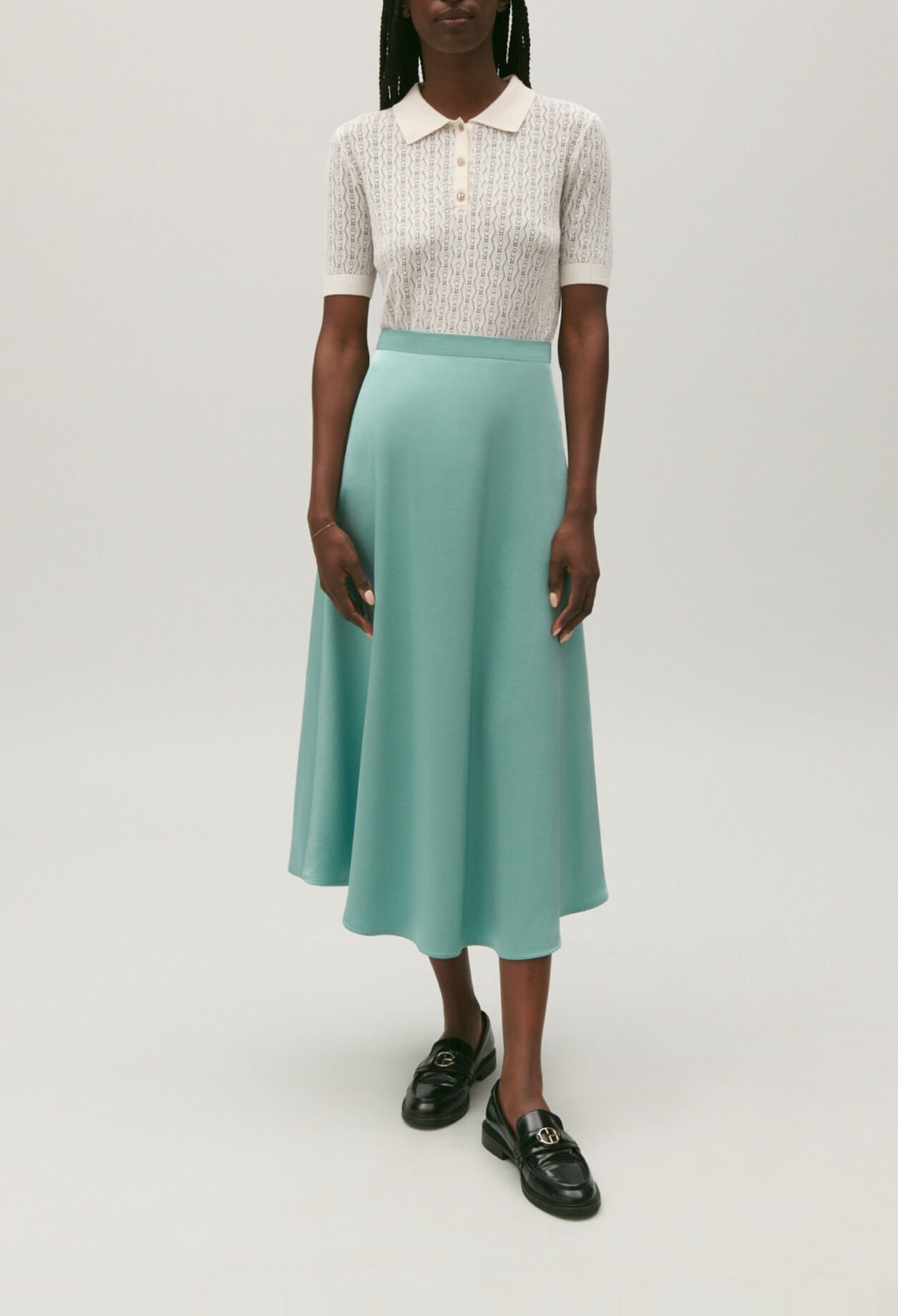 Flowing aqua satin midi skirt