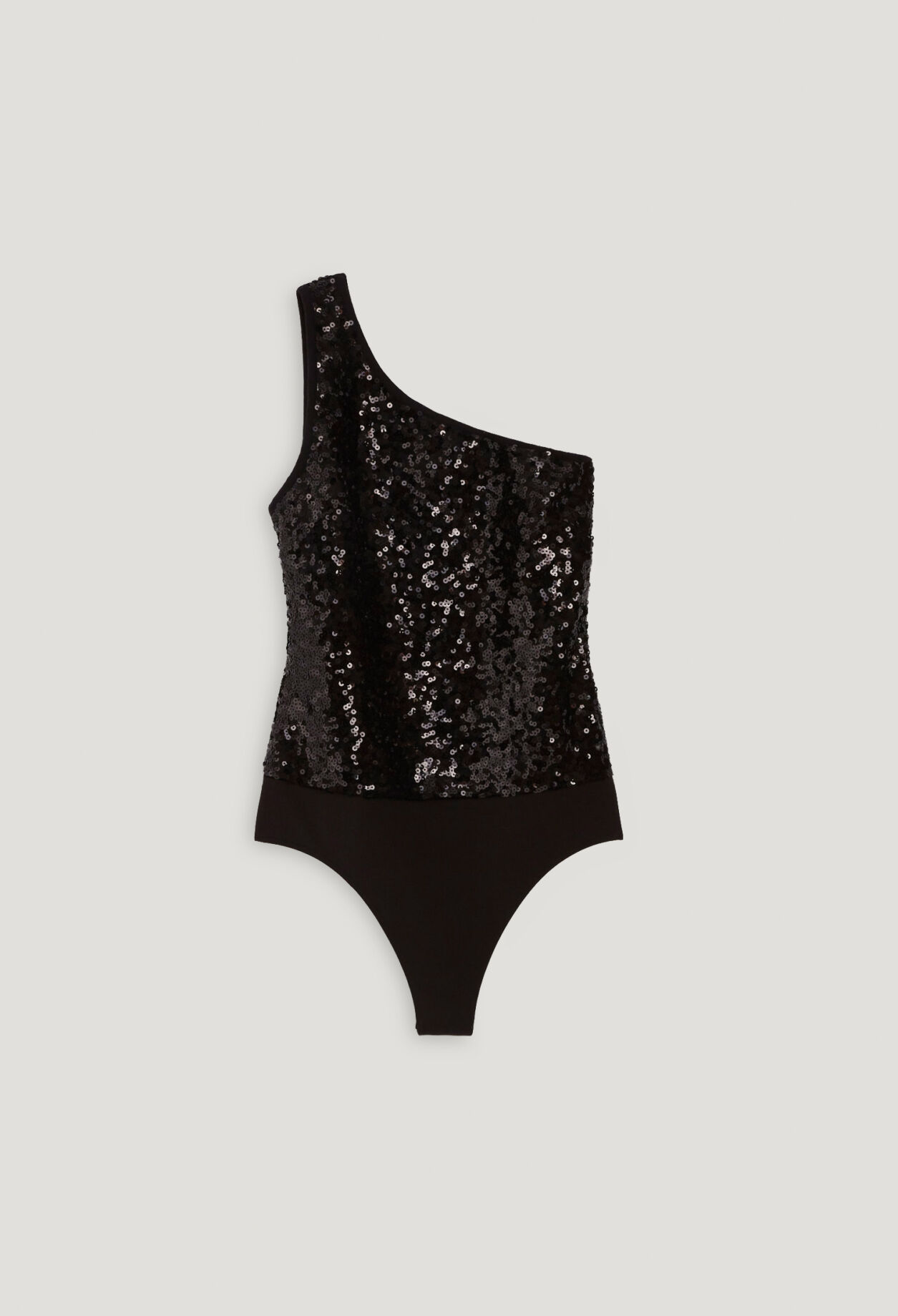 Black asymmetric bodysuit with sequins