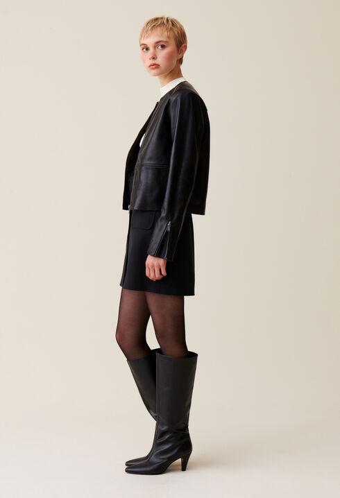 Short Round Neck Leather Jacket