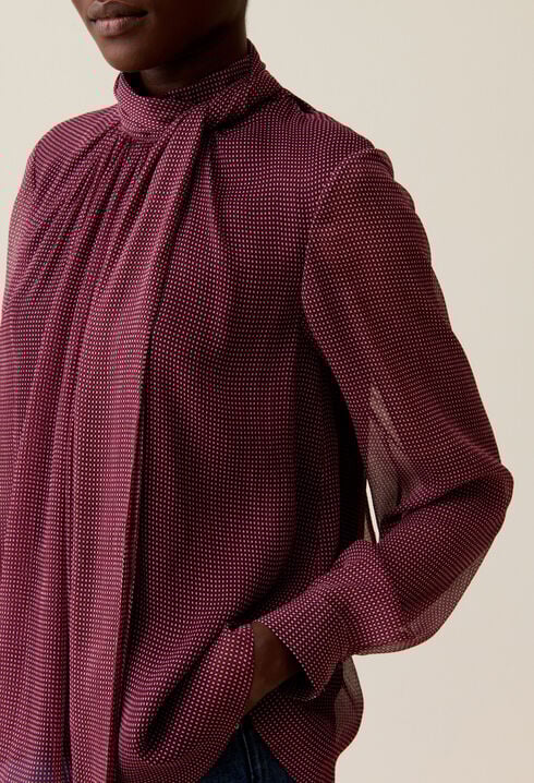 Fluid Check Tie-Neck Blouse