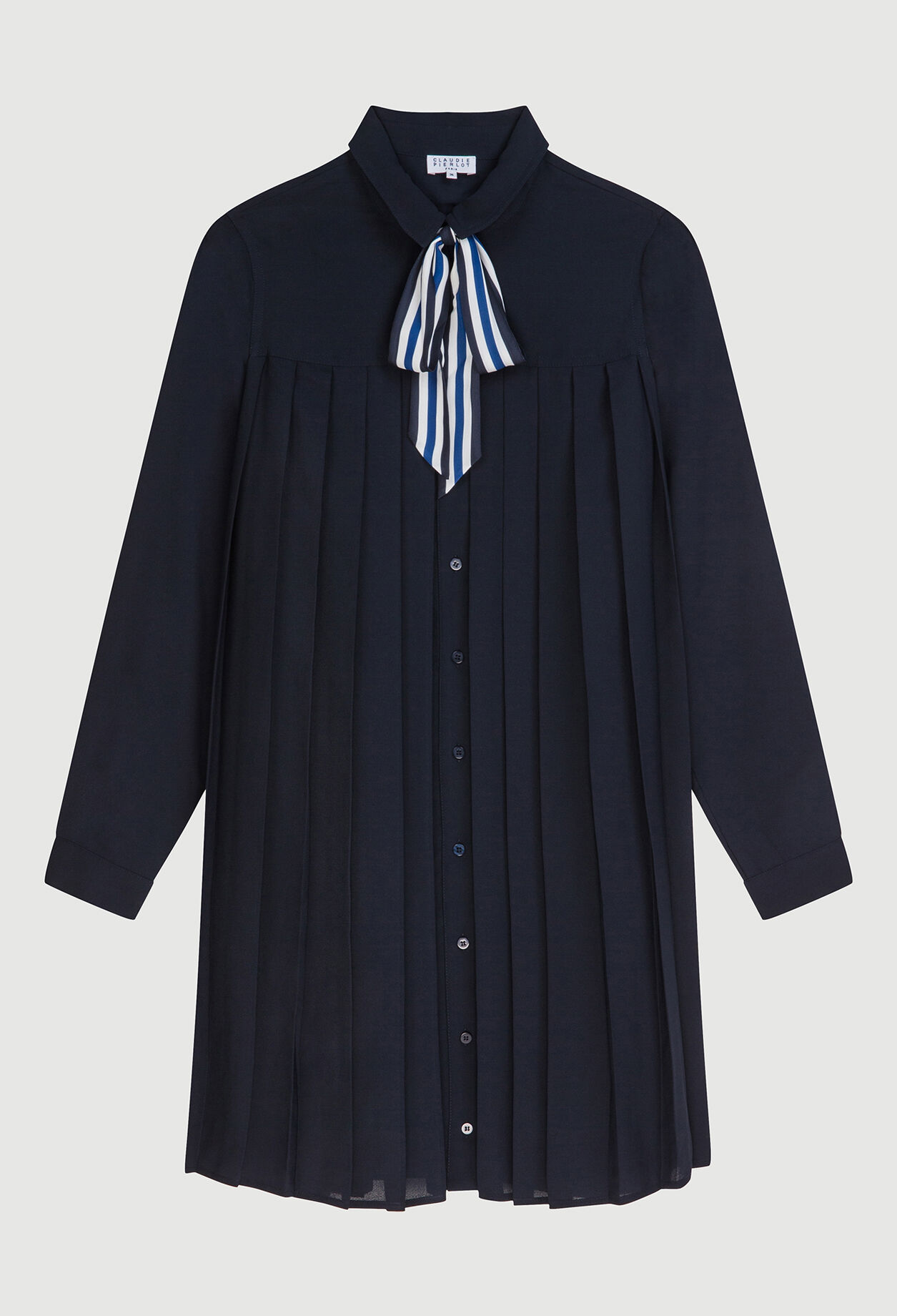 Plated shirt dress w/ lavallière detail