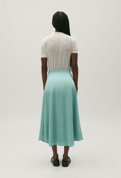 Flowing aqua satin midi skirt